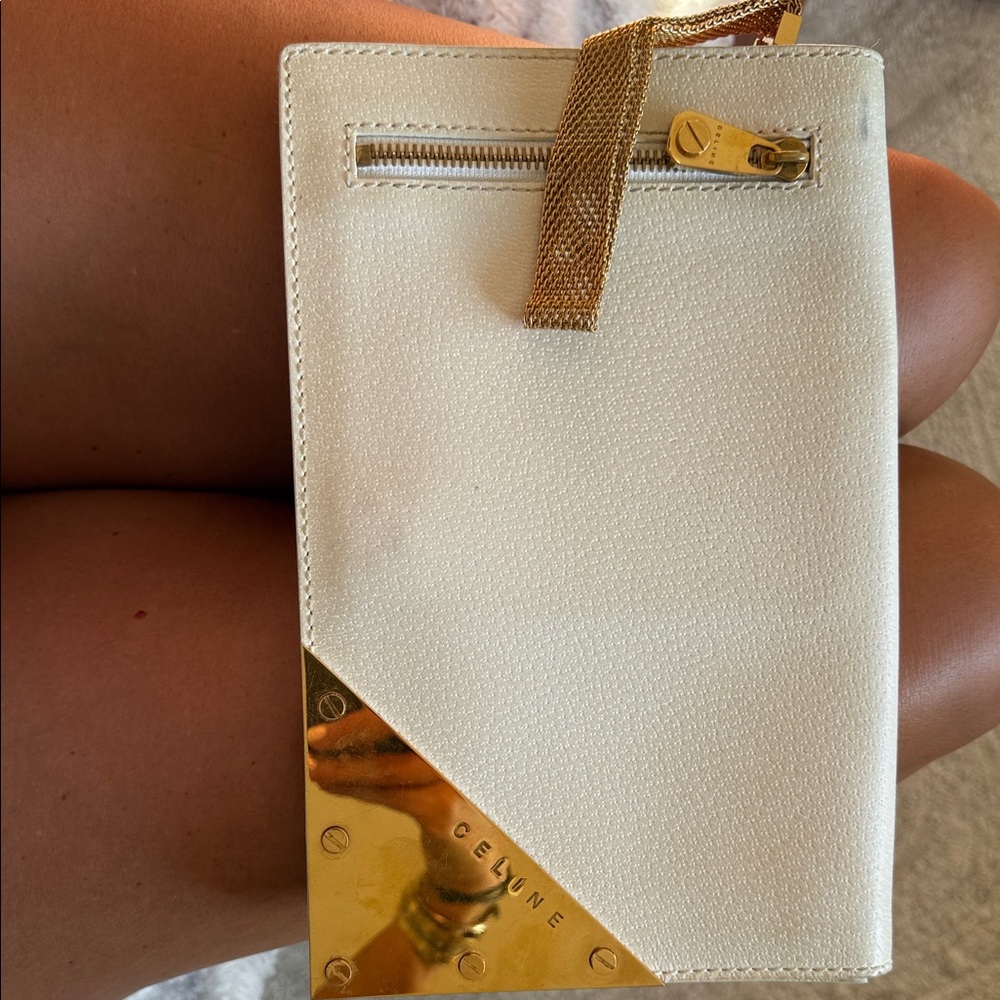 Celine White Leather Clutch with Gold Accent